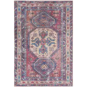 Photo of Red And Navy Oriental Power Loom Distressed Washable Area Rug