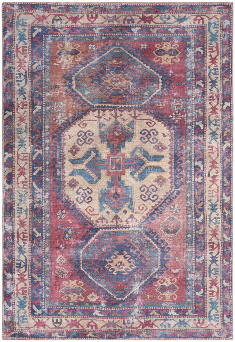 Red And Navy Oriental Power Loom Distressed Washable Area Rug Photo 1