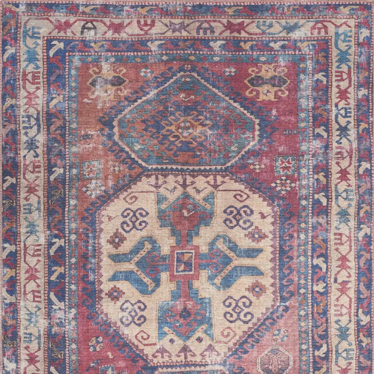 Red And Navy Oriental Power Loom Distressed Washable Area Rug Photo 4