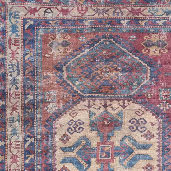 Red And Navy Oriental Power Loom Distressed Washable Area Rug Photo 3