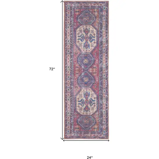 Red And Navy Oriental Power Loom Distressed Washable Runner Rug Photo 5