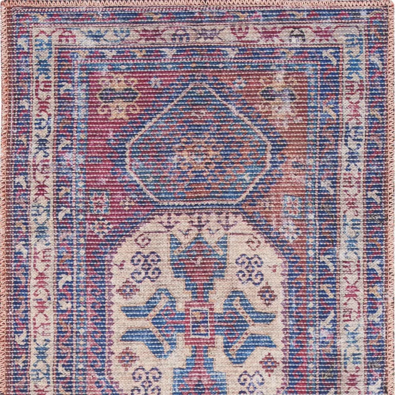 Red And Navy Oriental Power Loom Distressed Washable Runner Rug Photo 4