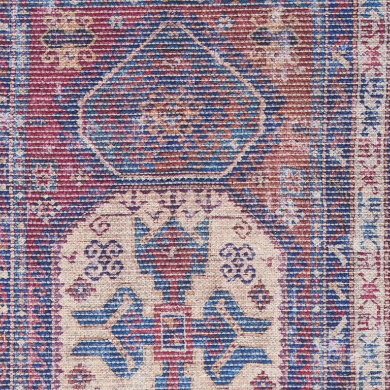 Red And Navy Oriental Power Loom Distressed Washable Runner Rug Photo 3