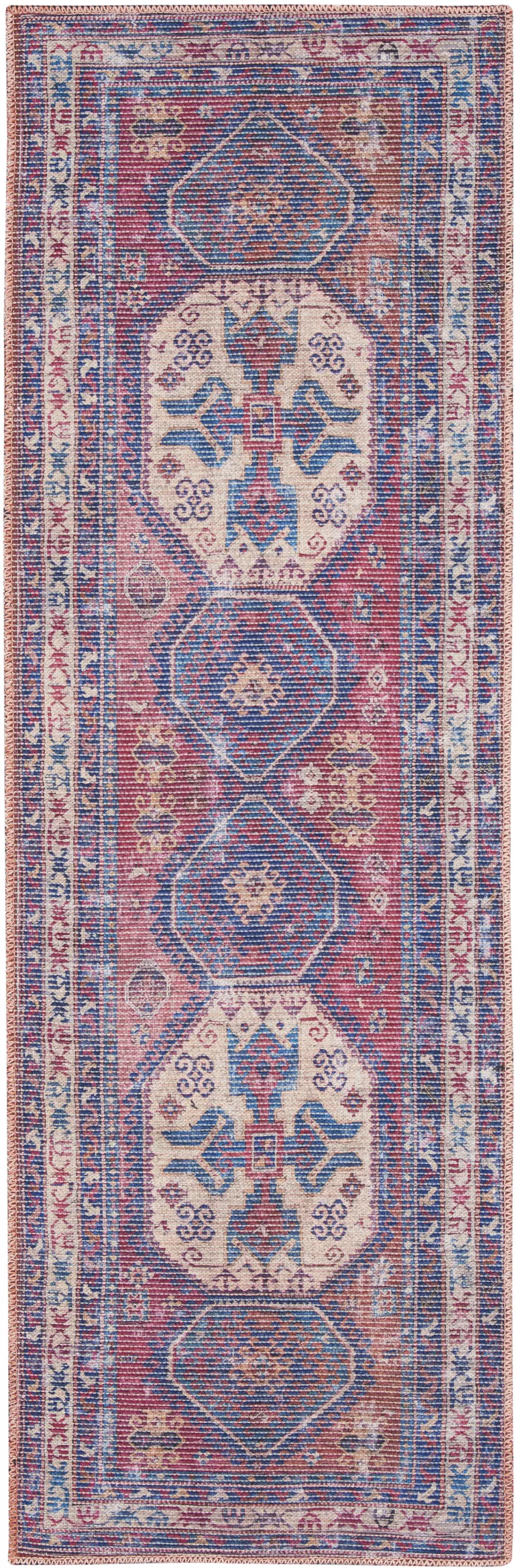 Red And Navy Oriental Power Loom Distressed Washable Runner Rug Photo 1