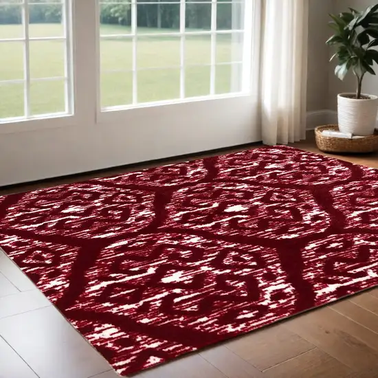 Red And White Ikat Tufted Washable Non Skid Area Rug Photo 1