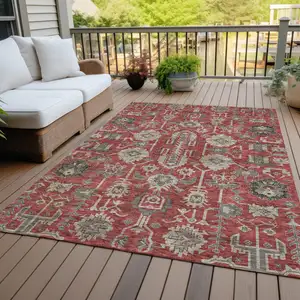 Photo of Red Beige And Charcoal Oriental Washable Indoor Outdoor Area Rug