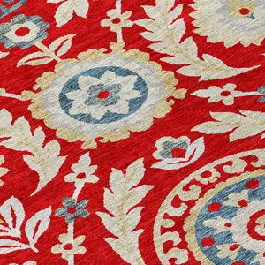 Photo of Red Beige And Navy Blue Floral Washable Indoor Outdoor Area Rug