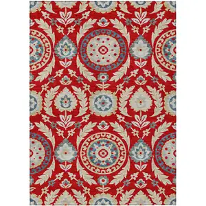 Photo of Red Beige And Navy Blue Floral Washable Indoor Outdoor Area Rug