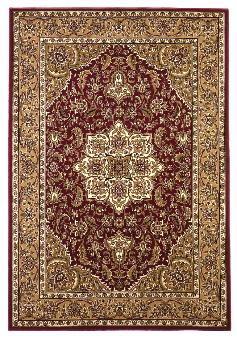 Red Beige Machine Woven Floral Medallion Indoor Area Rug Photo 1