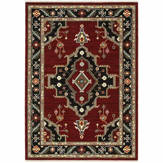 Red Black Beige And Blue Oriental Power Loom Stain Resistant Area Rug With Fringe Photo 1