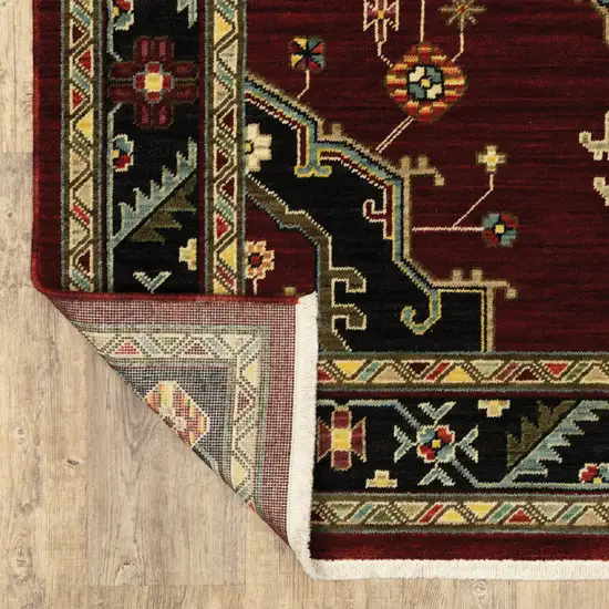 Red Black Beige And Blue Oriental Power Loom Stain Resistant Area Rug With Fringe Photo 8