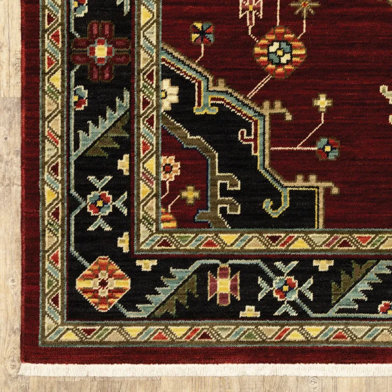 Red Black Beige And Blue Oriental Power Loom Stain Resistant Area Rug With Fringe Photo 2