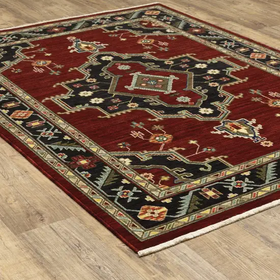 Red Black Beige And Blue Oriental Power Loom Stain Resistant Area Rug With Fringe Photo 7