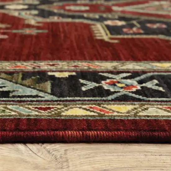 Red Black Beige And Blue Oriental Power Loom Stain Resistant Area Rug With Fringe Photo 6