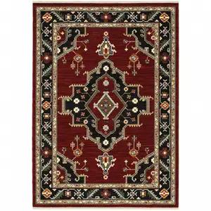 Photo of Red Black Beige And Blue Oriental Power Loom Stain Resistant Area Rug With Fringe