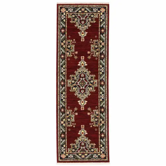 Red Black Beige And Blue Oriental Power Loom Stain Resistant Runner Rug With Fringe Photo 2