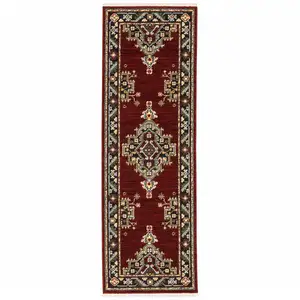 Photo of Red Black Beige And Blue Oriental Power Loom Stain Resistant Runner Rug With Fringe