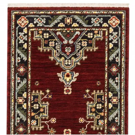 2' X 6' Red Black Beige And Blue Oriental Power Loom Stain Resistant Runner Rug With Fringe Photo 5