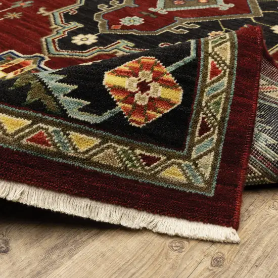 Red Black Beige And Blue Oriental Power Loom Stain Resistant Runner Rug With Fringe Photo 8