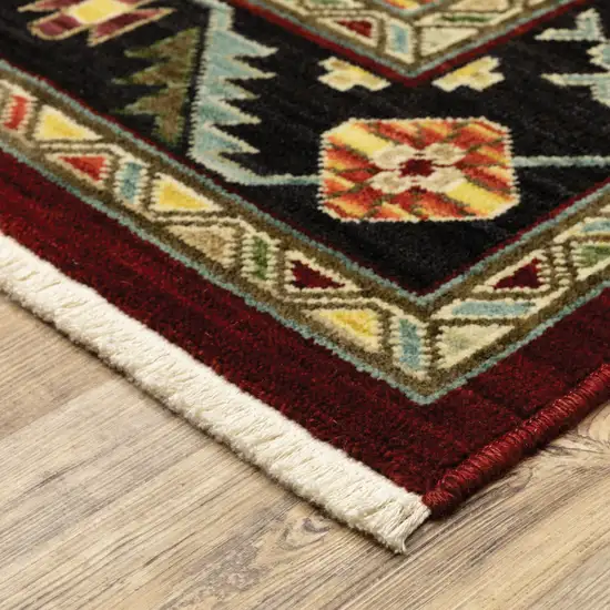 Red Black Beige And Blue Oriental Power Loom Stain Resistant Runner Rug With Fringe Photo 5