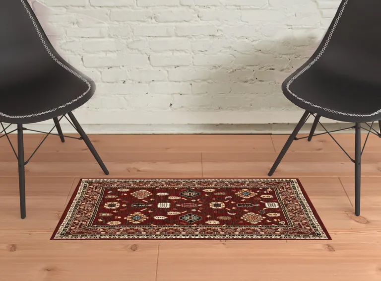 Red Black Ivory And Brown Oriental Power Loom Stain Resistant Area Rug With Fringe Photo 2