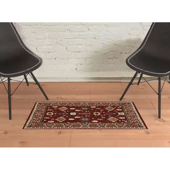 Red Black Ivory And Brown Oriental Power Loom Stain Resistant Area Rug With Fringe Photo 2