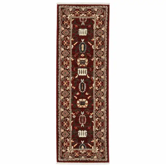 Red Black Ivory And Brown Oriental Power Loom Stain Resistant Runner Rug With Fringe Photo 1