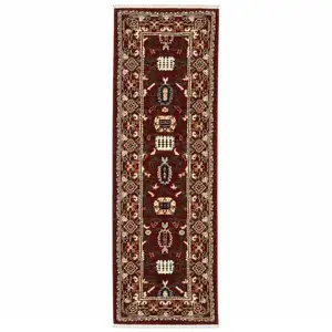 Photo of Red Black Ivory And Brown Oriental Power Loom Stain Resistant Runner Rug With Fringe