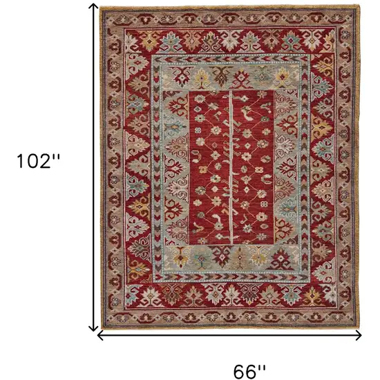 Red Blue And Brown Wool Floral Hand Knotted Distressed Stain Resistant Area Rug With Fringe Photo 5