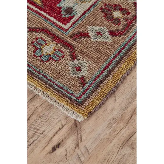 Red Blue And Brown Wool Floral Hand Knotted Distressed Stain Resistant Area Rug With Fringe Photo 3