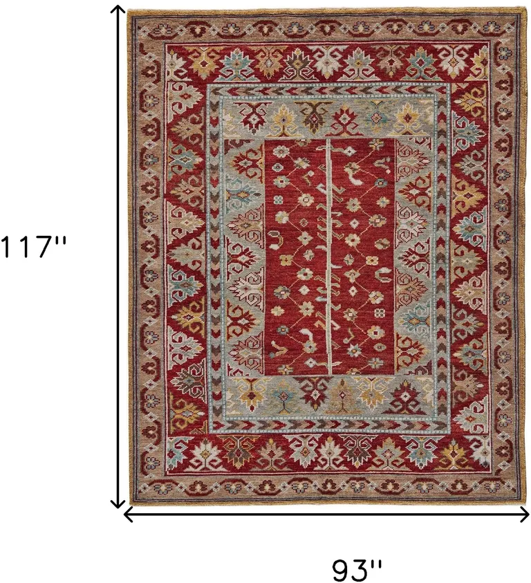 Red Blue And Brown Wool Floral Hand Knotted Distressed Stain Resistant Area Rug With Fringe Photo 5