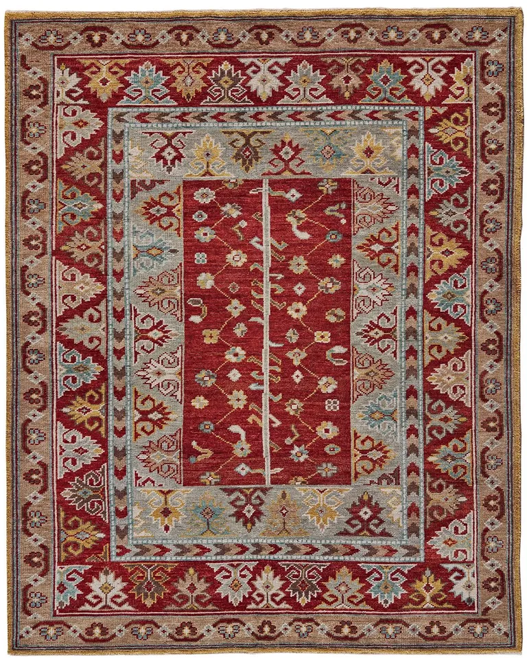 Red Blue And Brown Wool Floral Hand Knotted Distressed Stain Resistant Area Rug With Fringe Photo 1