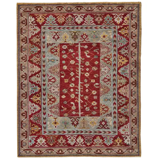 Red Blue And Brown Wool Floral Hand Knotted Distressed Stain Resistant Area Rug With Fringe Photo 1