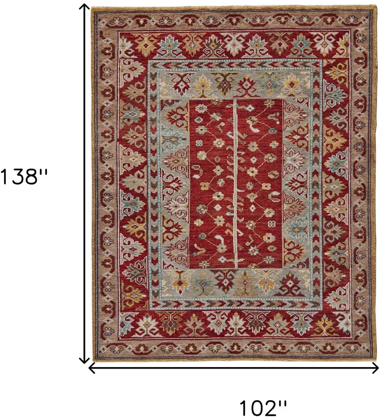 Red Blue And Brown Wool Floral Hand Knotted Distressed Stain Resistant Area Rug With Fringe Photo 5