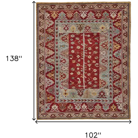 Red Blue And Brown Wool Floral Hand Knotted Distressed Stain Resistant Area Rug With Fringe Photo 5