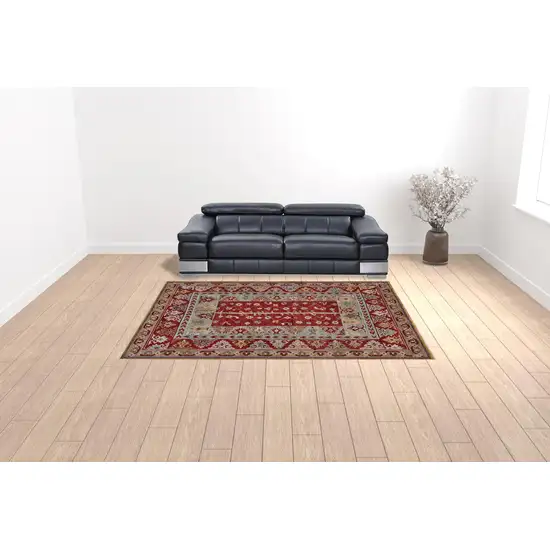 Red Blue And Brown Wool Floral Hand Knotted Distressed Stain Resistant Area Rug With Fringe Photo 2