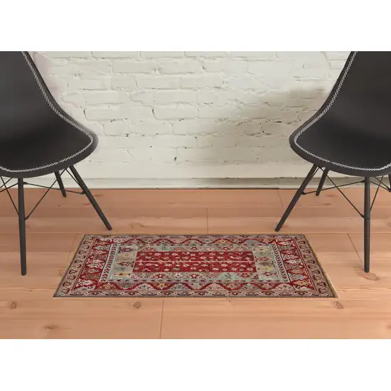 Red Blue And Brown Wool Floral Hand Knotted Distressed Stain Resistant Area Rug With Fringe Photo 2