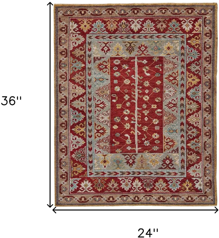 Red Blue And Brown Wool Floral Hand Knotted Distressed Stain Resistant Area Rug With Fringe Photo 5