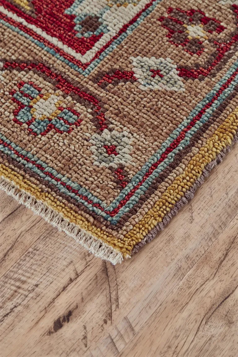 Red Blue And Brown Wool Floral Hand Knotted Distressed Stain Resistant Area Rug With Fringe Photo 3