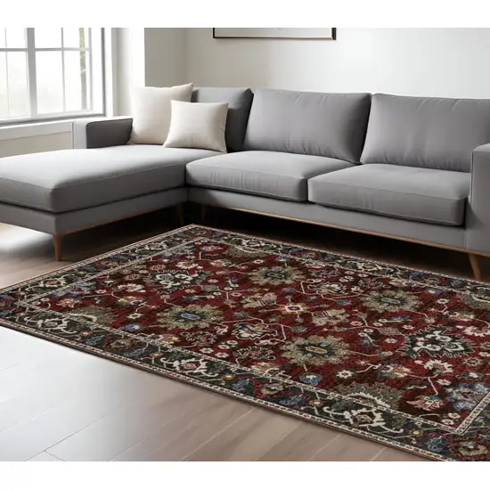 Red Blue And Charcoal Oriental Area Rug With Fringe Photo 1