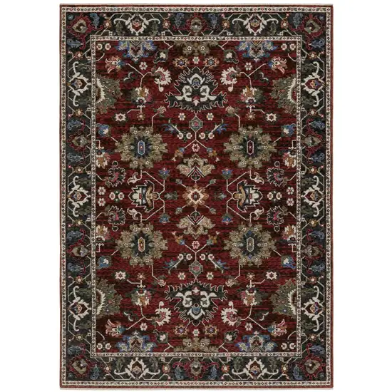 Red Blue And Charcoal Oriental Area Rug With Fringe Photo 2