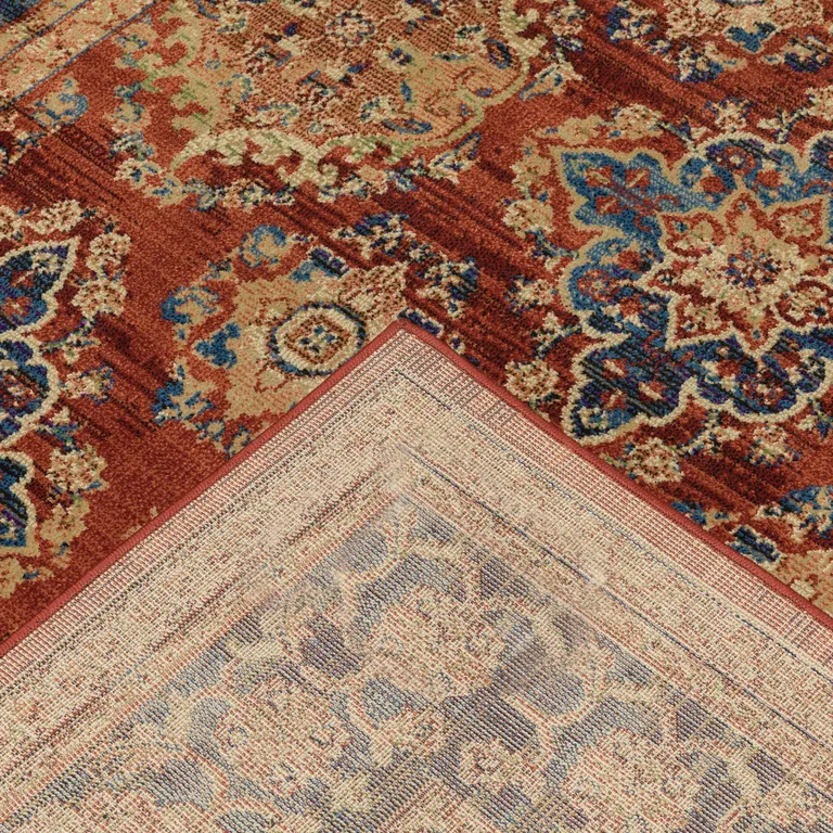 Red Blue And Gold Oriental Power Loom Stain Resistant Area Rug Photo 5