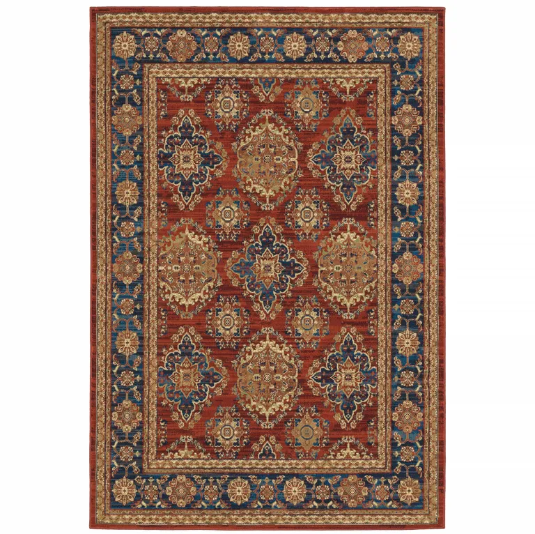 Red Blue And Gold Oriental Power Loom Stain Resistant Area Rug Photo 1