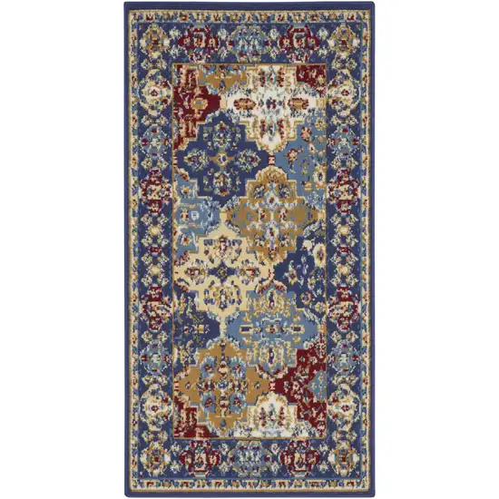 Red Blue And Light Brown Ogee Distressed Area Rug Photo 2