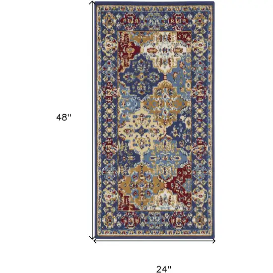 Red Blue And Light Brown Ogee Distressed Area Rug Photo 3