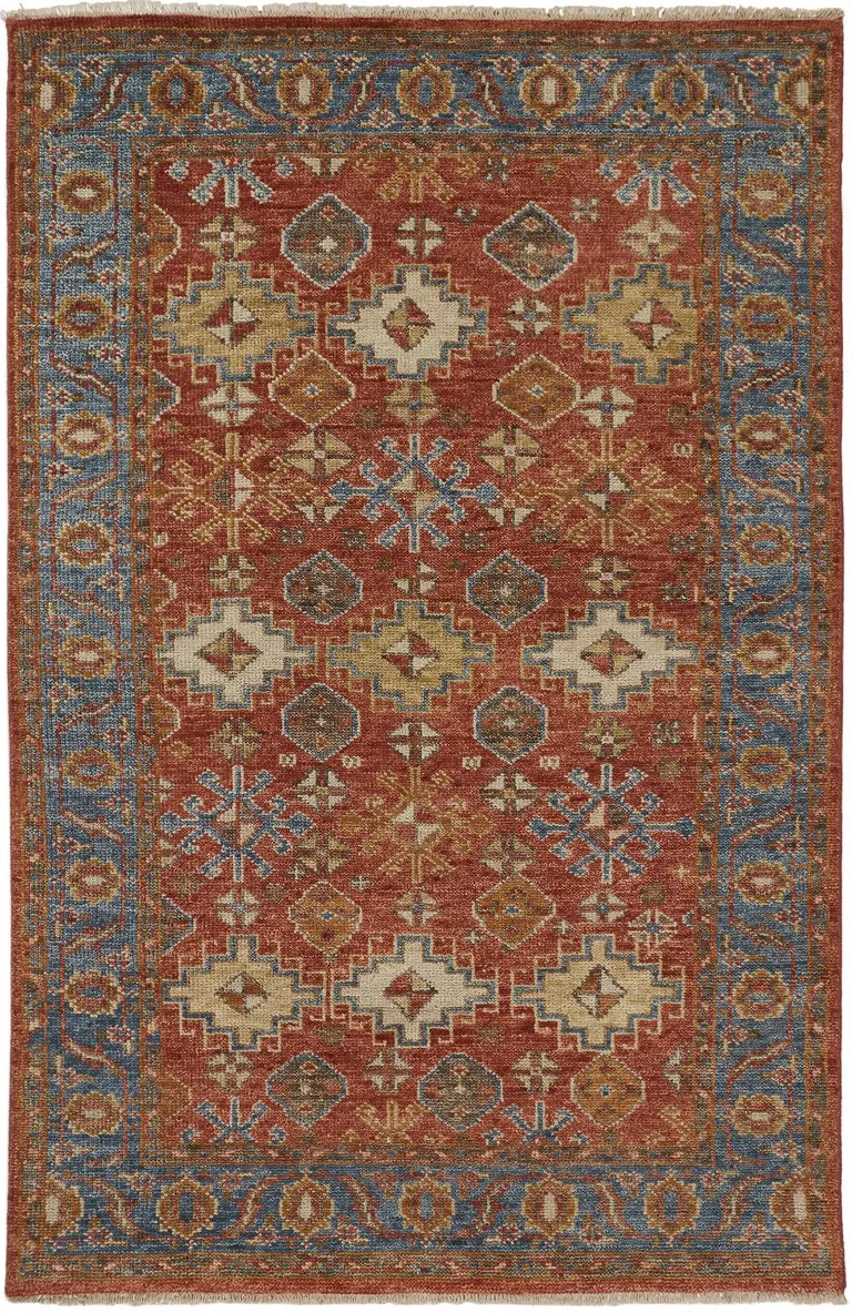 Red Blue And Orange Wool Floral Hand Knotted Stain Resistant Area Rug With Fringe Photo 1