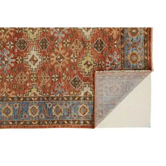 Red Blue And Orange Wool Floral Hand Knotted Stain Resistant Area Rug With Fringe Photo 2