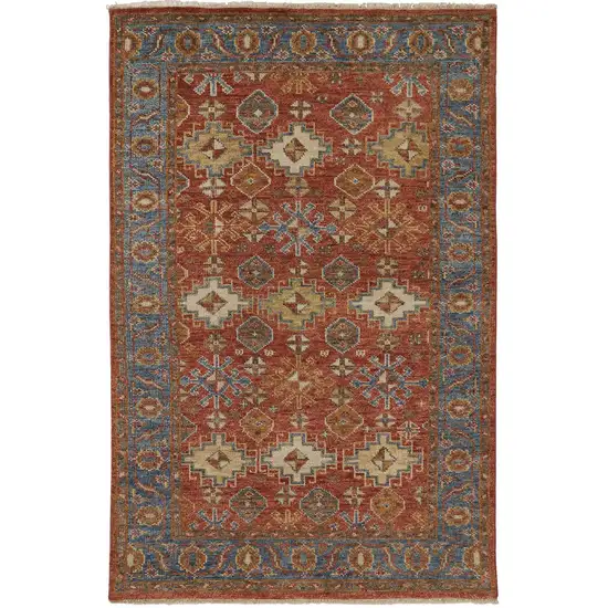 Red Blue And Orange Wool Floral Hand Knotted Stain Resistant Area Rug With Fringe Photo 1