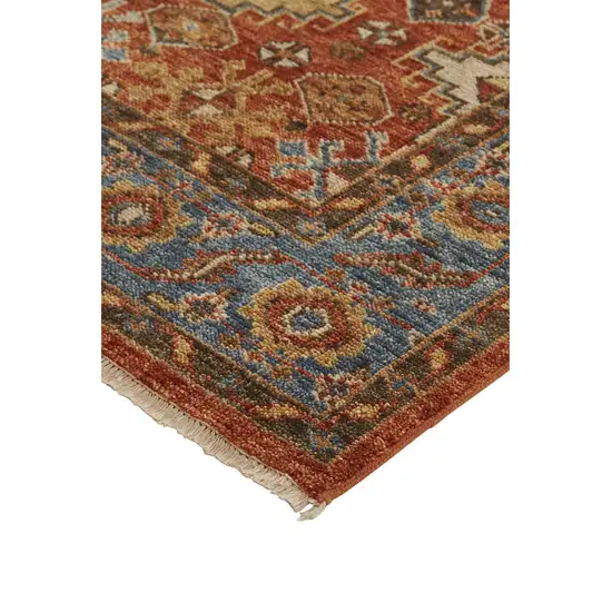 Red Blue And Orange Wool Floral Hand Knotted Stain Resistant Area Rug With Fringe Photo 4