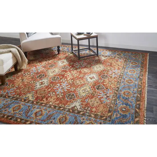 Red Blue And Orange Wool Floral Hand Knotted Stain Resistant Area Rug With Fringe Photo 6